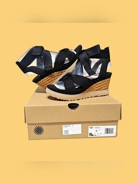 🚺 7 US — UGG Ileana Wrap Espadrille Wedge Sandals [BLACK/BROWN] 1152669